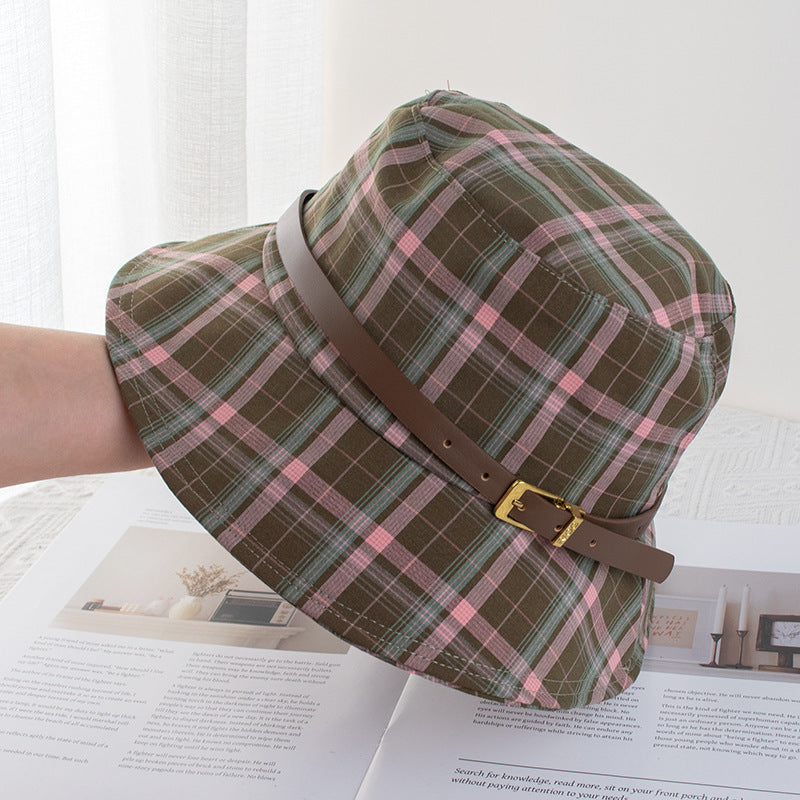 Wholesale British Vintage Plaid Fisherman Hat Children's Belt Buckle Sun Protection Basin Hat Face Showing Small Sun Hat